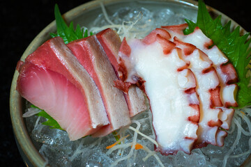 hamachi and tako sashimi together, hamachi sashimi with tako sashimi, hamachi sashimi and tako sashimi plate