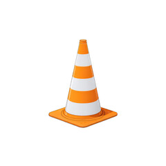 A stylized illustration of a traffic cone with orange and white stripes, set against a black background.  The cone has a flat, square base