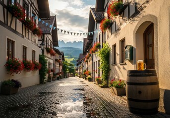 Obraz premium Oktoberfest Picturesque cobblestone street lined with flower adorned buildings leading to mountains under a partly cloudy sky