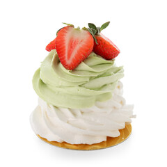 Sweet Pavlova cake with fresh strawberries on white background