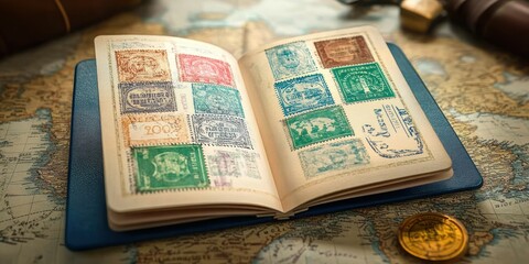 Open album with vintage postage stamps placed on a detailed world map, suggesting a nostalgic travel or collection theme with a golden coin nearby