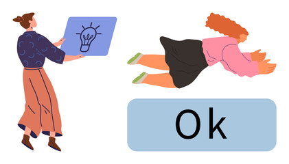 Woman presenting lightbulb idea on a board to a flying individual. Energetic exchange of ideas, teamwork, creativity, innovation, presentation, education, problem-solving, dynamic communication