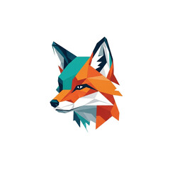 Obraz premium A vibrant geometric illustration showcases a fox head profile rendered in bold shades of orange teal and white creating a striking visual.