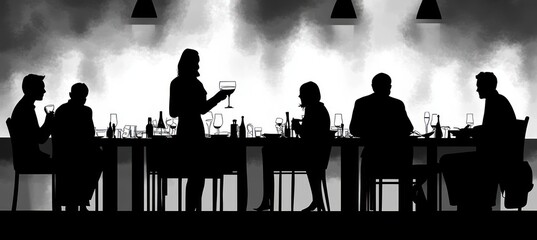 Silhouettes of six people seated and one standing around a long table with various glasses and bottles in a dimly lit room, evoking a social and relaxed atmosphere