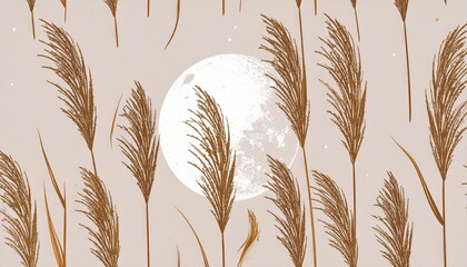 Golden Grass and Moon - Autumnal Botanical Art Japanese pattern