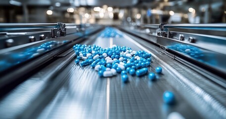 Blue and white capsules and tablets on a conveyor belt inside a pharmaceutical production facility under bright industrial lighting