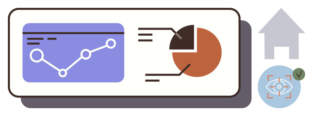 Analytical graph and pie chart accompanied by icons for home and focus. Ideal for analytics, business reports, data management, performance review, market research, technology strategy, simple flat