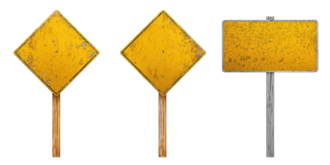 Two diamond-shaped and one rectangular, weathered, yellow road signs on wooden posts