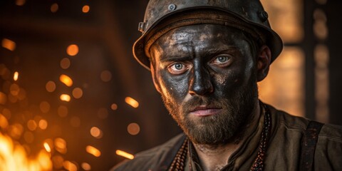 Determined blacksmith working in a forge during a dramatic evening shift