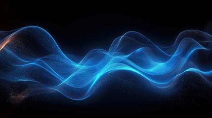 Abstract dynamic flow of glowing blue waves and particles on a dark background creating a sense of movement and energy