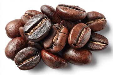 Obraz premium Roasted coffee beans, close-up view, against white background