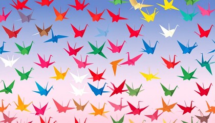 Fototapeta premium Colorful Origami Cranes Soar in the Sky Japanese pattern