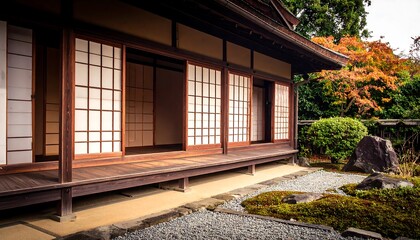 Obraz premium Traditional Japanese house with open shoji screens and a zen garden