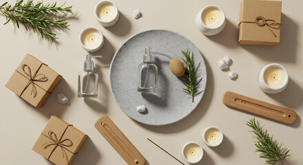 Fototapeta premium Luxury Eco Aromatherapy Flatlay with Botanical Accents