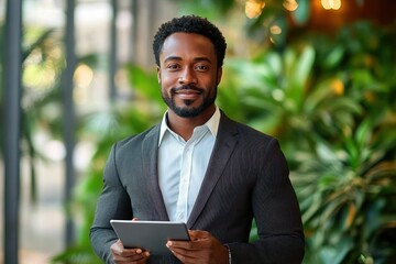 Confident young man in business suit holding and using a tablet with a smile in a bright indoor setting with green plants