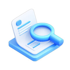 A 3D isometric rendering of a document being examined with a magnifying glass, both in light blue