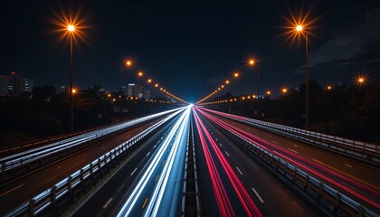Illuminated highway at night showcasing light trails from vehicles in a metropolitan setting.