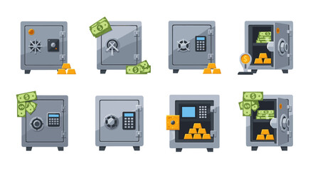Collection of various types of security safes filled with gold bars and currency notes showcasing financial security and wealth management concepts