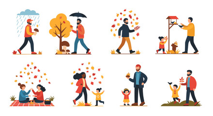 Fototapeta premium Autumn season family outdoor activities together under colorful falling leaves weather