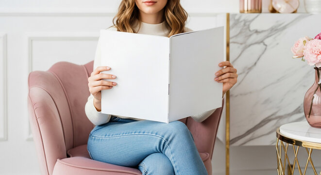 Woman Holding Blank Magazine Mockup in Elegant Living Room
