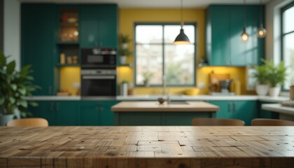 A bright, modern kitchen with wooden counter and green cabinets shows depth and spacious layout.