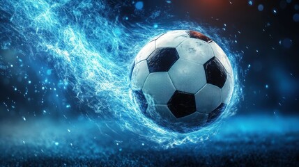 Naklejka premium A soccer ball surrounded by a glowing blue energy trail flying over a textured field with motion blur and dynamic lighting effects