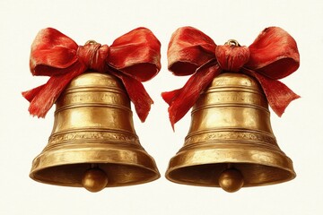 Two ornate gold bells with red bows