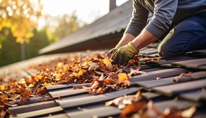 Homeowner person cleaning autumn leaves off a roof, a task for seasonal home maintenance and preparation for winter