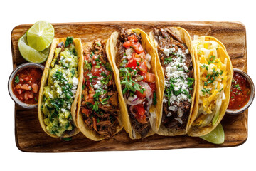 Four diverse tacos arranged on a wooden board, showcasing fillings like shredded meat, cheese, and toppings.  Lime wedges and sauces accompany the meal
