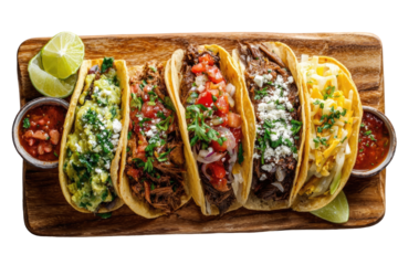 Four diverse tacos arranged on a wooden board, showcasing fillings like shredded meat, cheese, and toppings.  Lime wedges and sauces accompany the meal