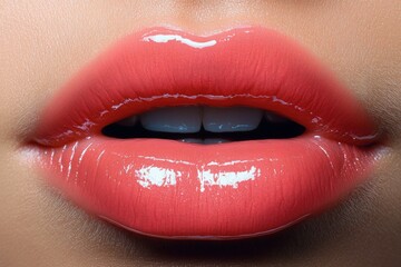 Close-up of glossy coral red lips with a subtle opening showing white teeth, highlighting smooth skin texture and shiny lip gloss