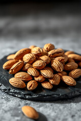 Naklejka premium Pile of Whole Almonds on Black Slate Board — Organic Healthy Eating Macro Image