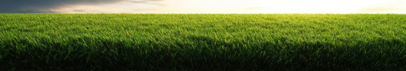 Obraz premium Vibrant green grass field under a bright sky with soft clouds and sunlight illuminating the horizon invoking calm and freshness