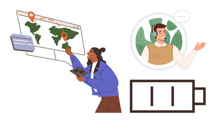 Map navigation on a digital screen with person pointing, virtual call interaction, and battery icon. Ideal for remote work, technology, connectivity, navigation, teamwork travel efficiency. Simple