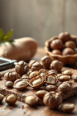 Shelled and Whole Macadamia Nuts with Tools — Vertical Rustic Healthy Snack Photography