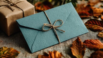 A teal envelope tied with twine rests on a wooden surface among autumn leaves, next to a wrapped gift