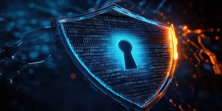 futuristic digital shield with glowing keyhole surrounded by binary code representing cybersecurity and data protection with blue and orange light effects