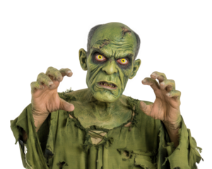 Zombie costume with torn green clothes, scary expression, glowing yellow eyes, and decayed skin, perfect for Halloween or horror themed events, isolated on transparency background