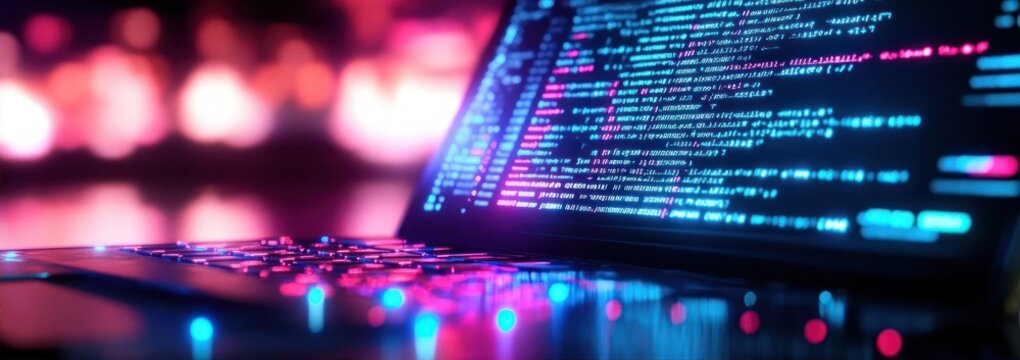 Close-up of a laptop keyboard with colorful neon lights reflecting on the surface and computer code displayed on the screen, creating a futuristic and vibrant atmosphere