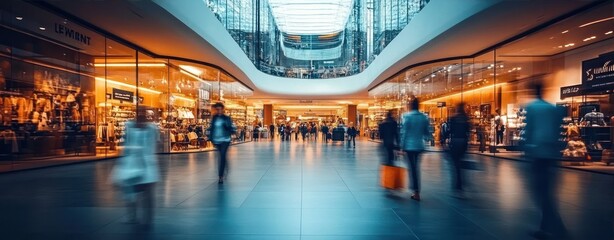 Interior view of a modern shopping mall with numerous stores, large glass ceiling, and blurred shoppers walking through a wide corridor conveying a lively atmosphere