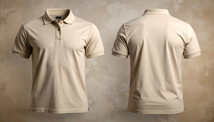 Beige Polo Shirt Front and Back View Isolated on Textured Background, Men's Apparel