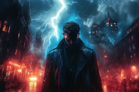 Moody man in dark trench coat standing in rainy city street at night with lightning striking and illuminated gothic buildings in background