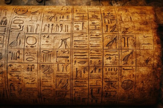 Close-up of ancient carved stone tablet featuring detailed hieroglyphs in vertical columns with a warm sepia tone