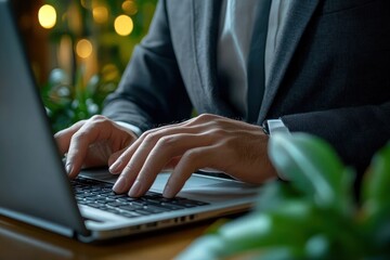 Close-up of a person in a dark suit typing on a laptop keyboard with green plants in the foreground and warm bokeh lights in the background