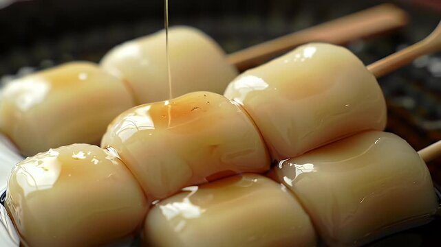 Close Up of Dango Skewers with Sweet Glaze on Patterned Plate Traditional Japanese Dessert Tasty and Delicious Gourmet