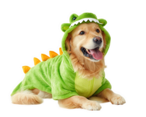 Golden retriever dog wearing green dinosaur costume with orange spikes lying down happily with tongue out isolated on transparency background