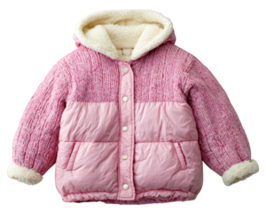 Pink winter jacket with fur cuffs, buttons, and hood, featuring cozy knit upper and quilted lower design, perfect for cold weather and stylish comfort for children