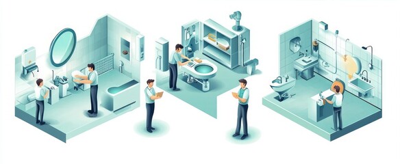 Isometric view of three bathroom setups with people inspecting and analyzing plumbing systems under sinks, bathtubs, and around fixtures with tools and clipboards