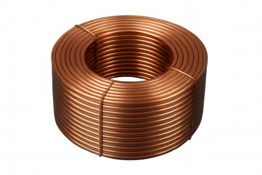 Copper wire coil gleaming, tightly wound, reflecting metallic industrial design potential on clear surface