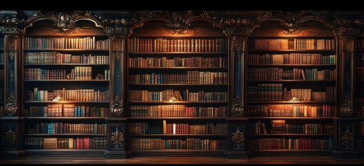 Elegant vintage library shelves filled with old leather-bound books warmly illuminated by antique brass lamps creating a cozy and scholarly atmosphere